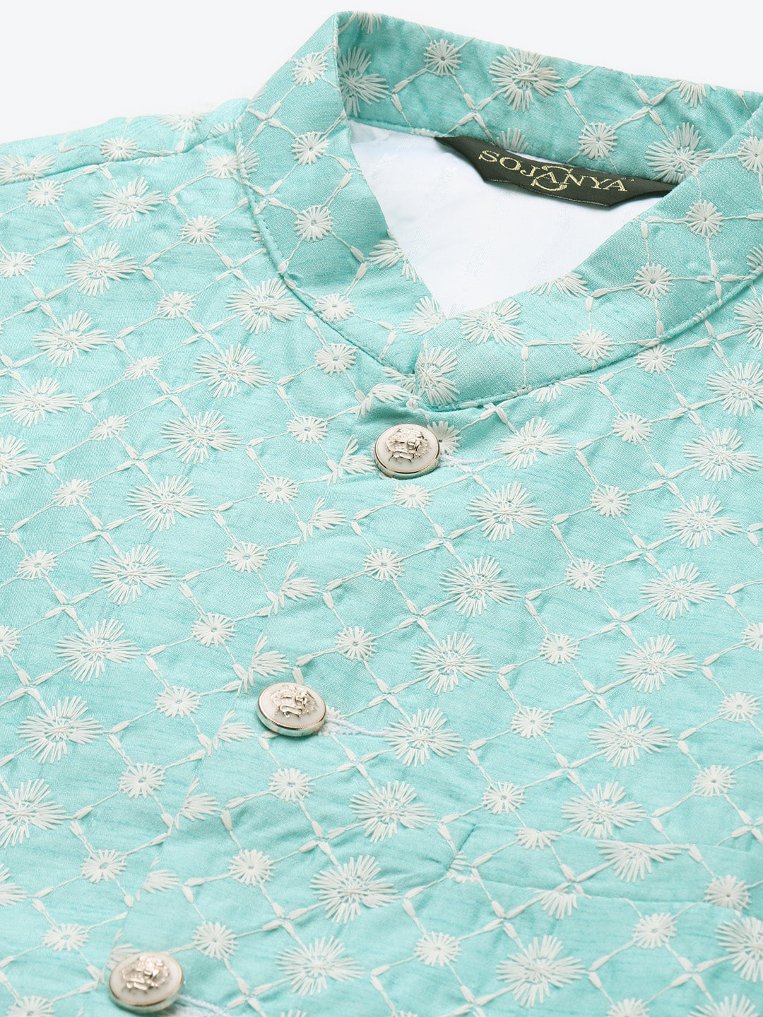 Men's Silk Blend Sea Green Embroidered ONLY Nehrujacket