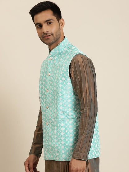 Men's Silk Blend Sea Green Embroidered ONLY Nehrujacket