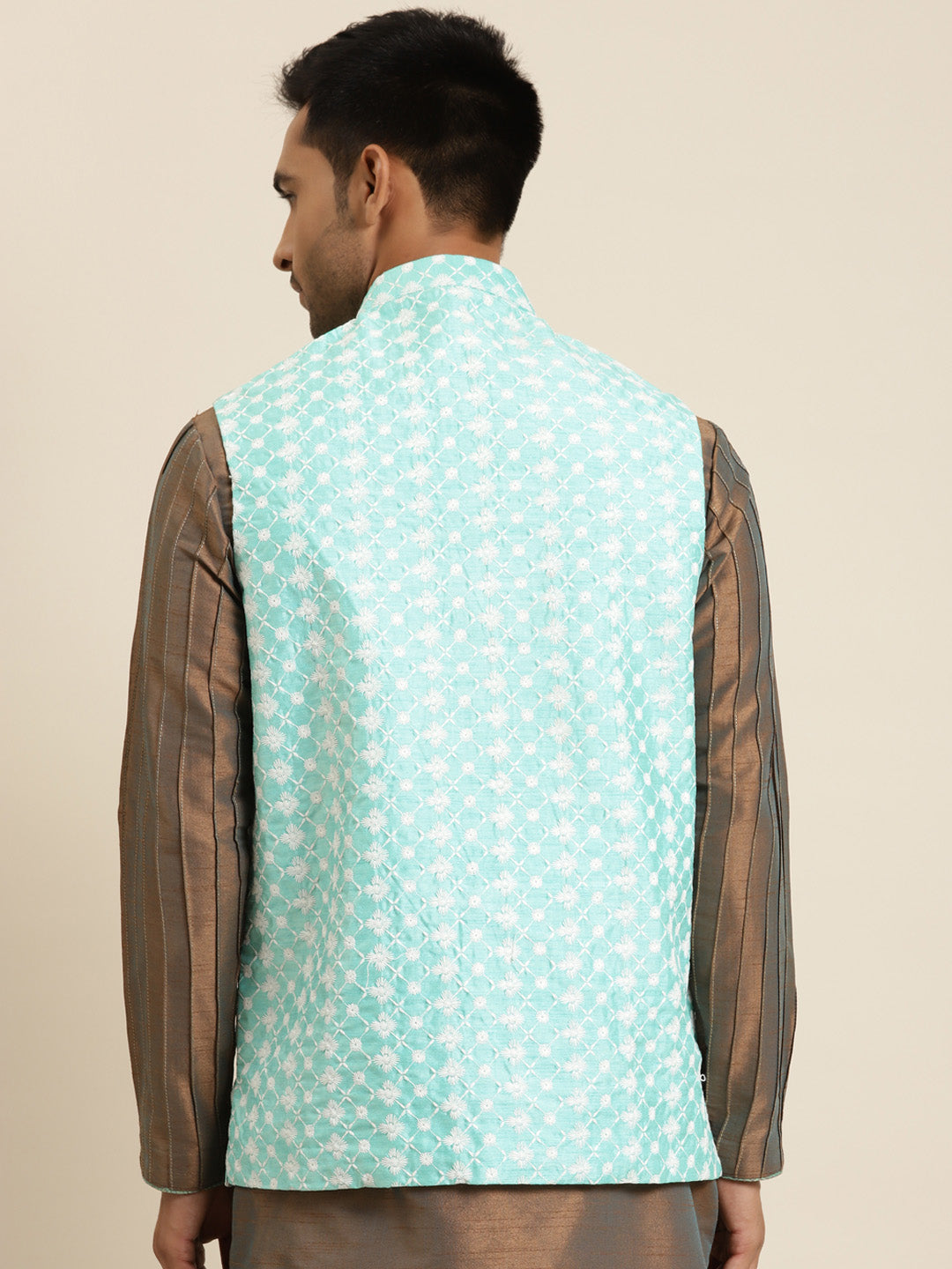 Men's Silk Blend Sea Green Embroidered ONLY Nehrujacket