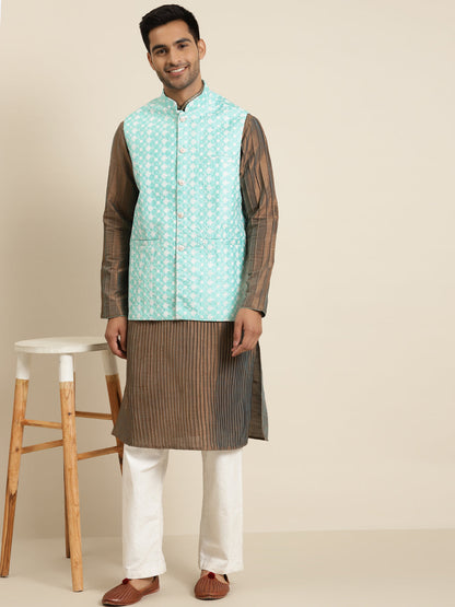 Men's Silk Blend Sea Green Embroidered ONLY Nehrujacket