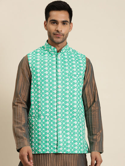 Men's Silk Blend Rama Green Embroidered ONLY Nehrujacket