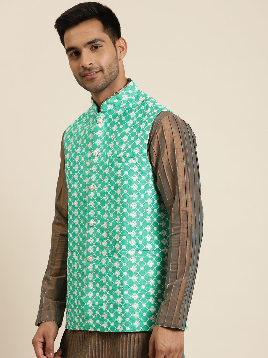 Men's Silk Blend Rama Green Embroidered ONLY Nehrujacket