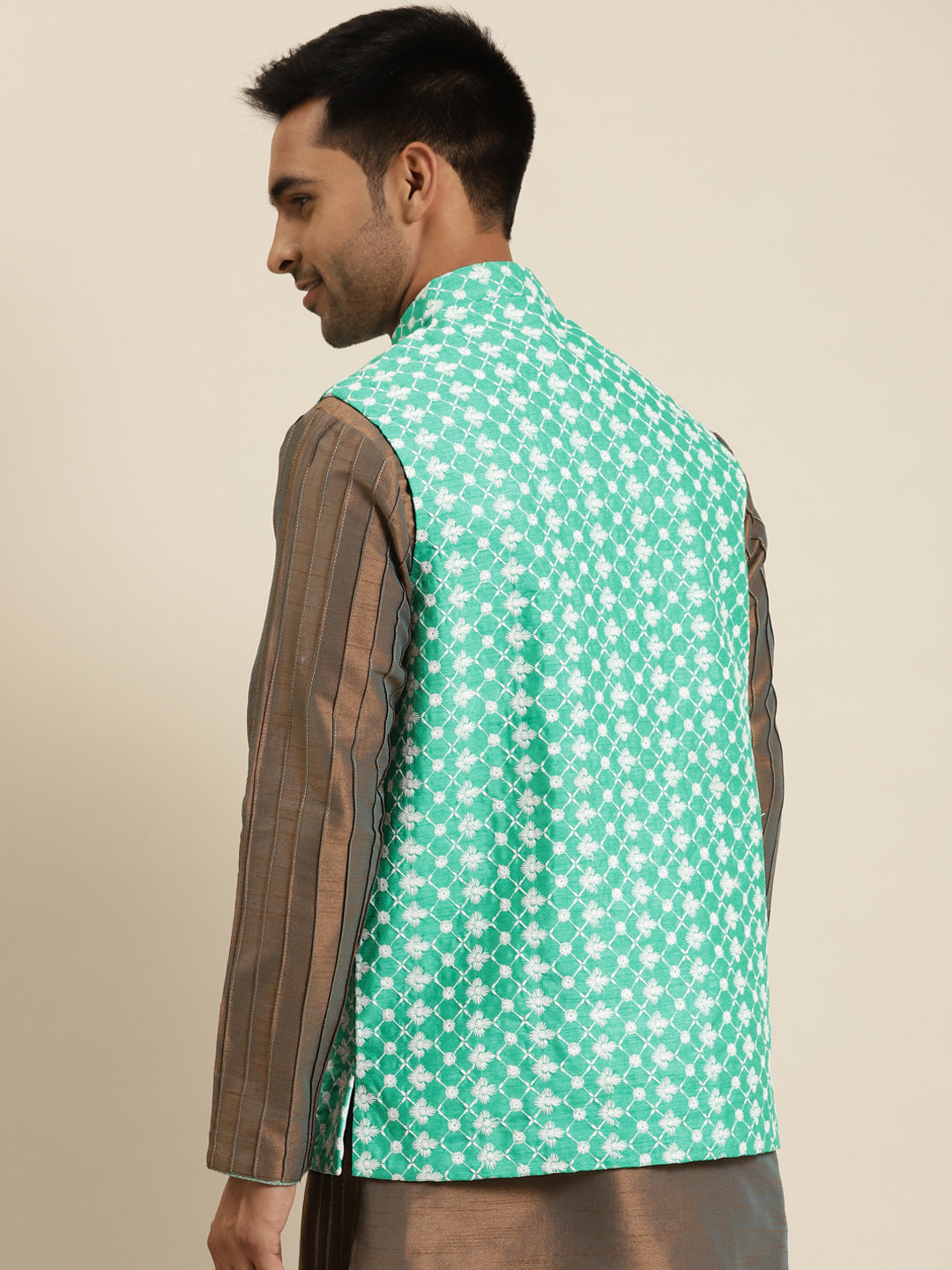 Men's Silk Blend Rama Green Embroidered ONLY Nehrujacket