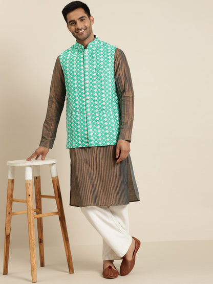 Men's Silk Blend Rama Green Embroidered ONLY Nehrujacket