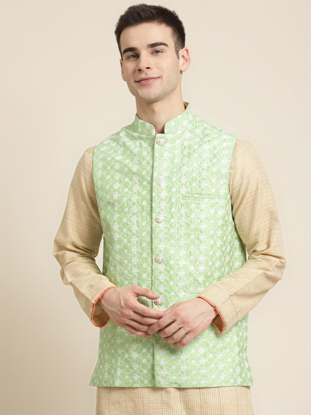 Men's Silk Blend Light Green Embroidered ONLY Nehrujacket