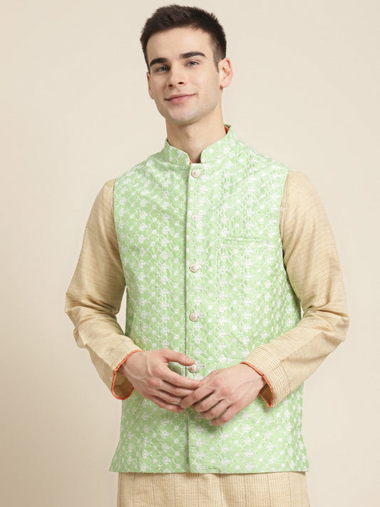 Men's Silk Blend Light Green Embroidered ONLY Nehrujacket