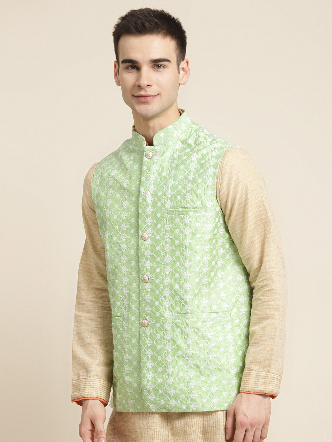 Men's Silk Blend Light Green Embroidered ONLY Nehrujacket