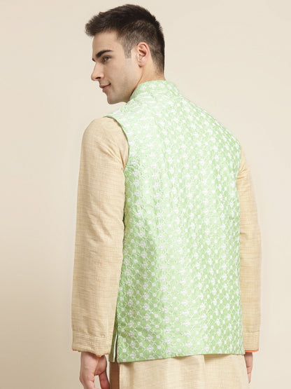 Men's Silk Blend Light Green Embroidered ONLY Nehrujacket