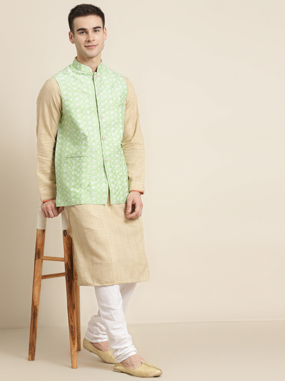 Men's Silk Blend Light Green Embroidered ONLY Nehrujacket