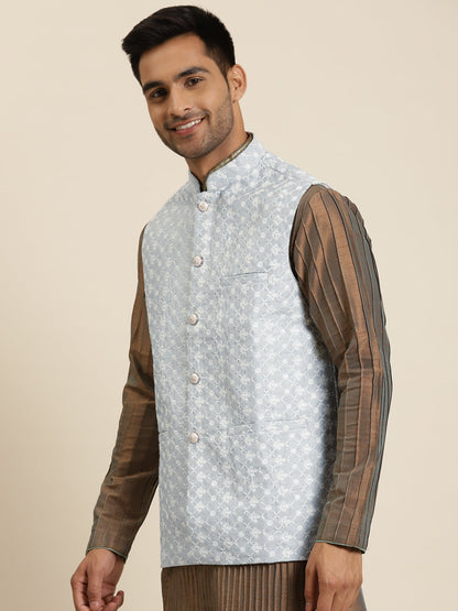 Men's Silk Blend Grey Embroidered ONLY Nehrujacket