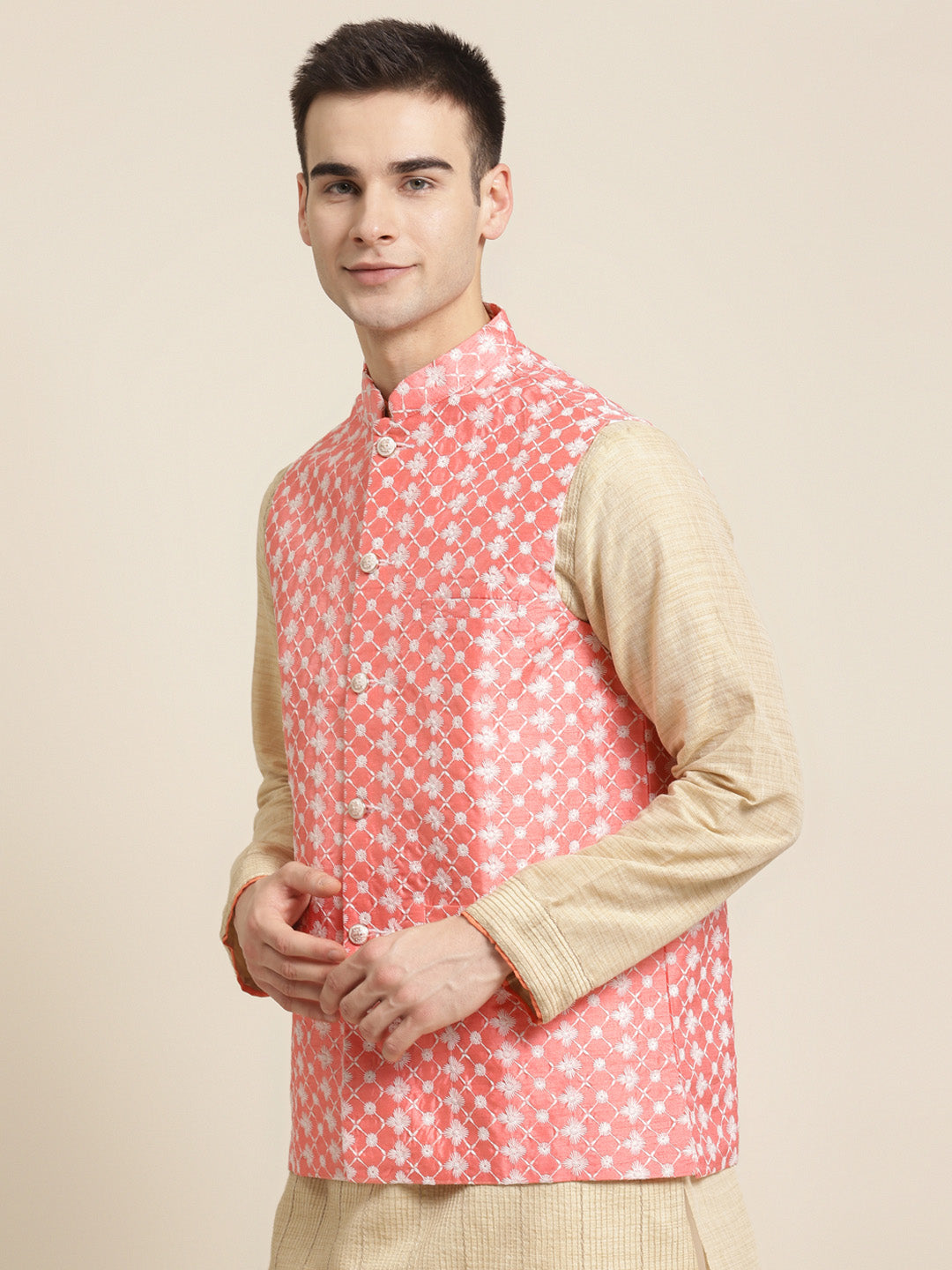 Men's Silk Blend Peach Embroidered ONLY Nehrujacket