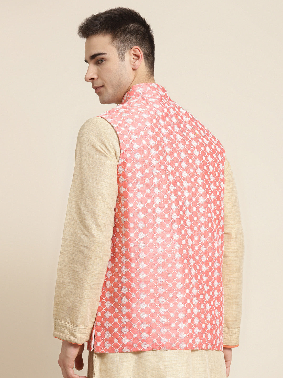 Men's Silk Blend Peach Embroidered ONLY Nehrujacket