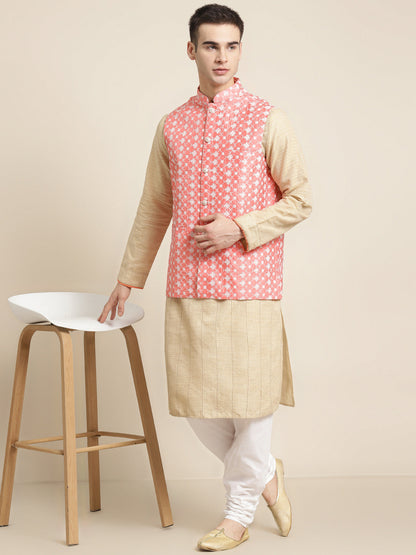 Men's Silk Blend Peach Embroidered ONLY Nehrujacket