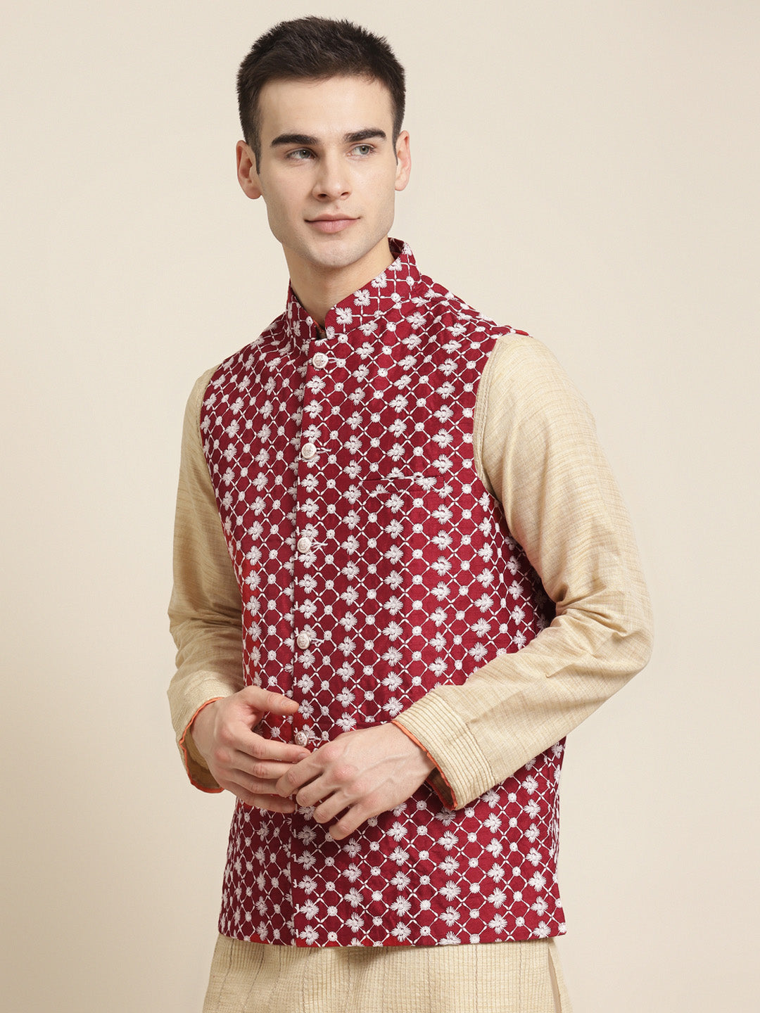 Men's Silk Blend Maroon Embroidered ONLY Nehrujacket