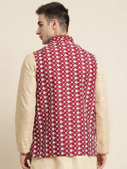 Men's Silk Blend Maroon Embroidered ONLY Nehrujacket