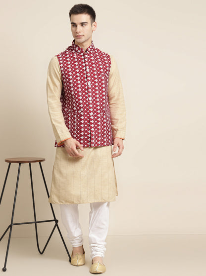 Men's Silk Blend Maroon Embroidered ONLY Nehrujacket