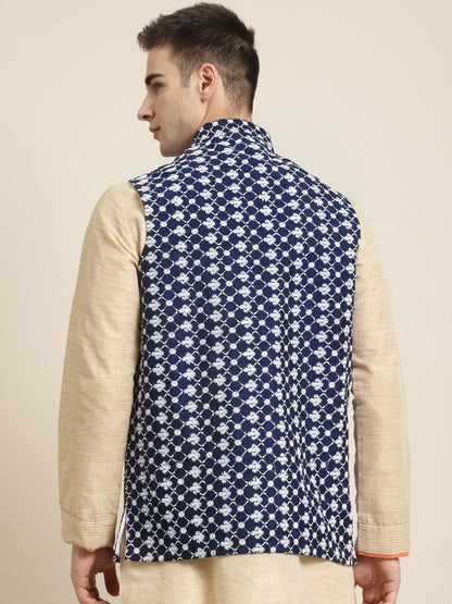 Men's Silk Blend Navy Blue Embroidered ONLY Nehrujacket