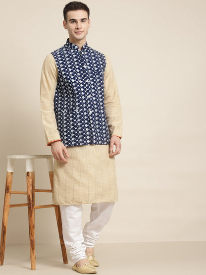 Men's Silk Blend Navy Blue Embroidered ONLY Nehrujacket