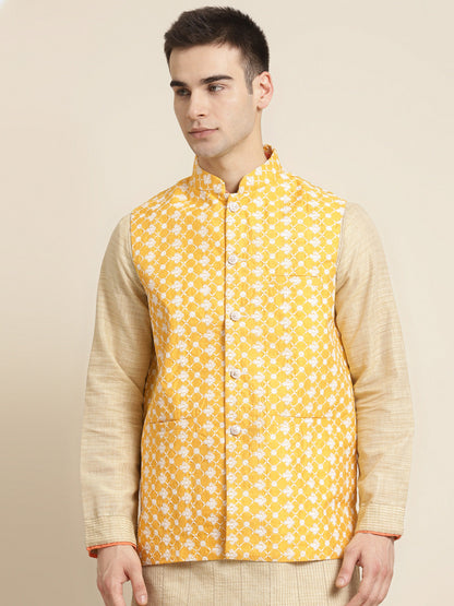 Men's Silk Blend Yellow Embroidered ONLY Nehrujacket