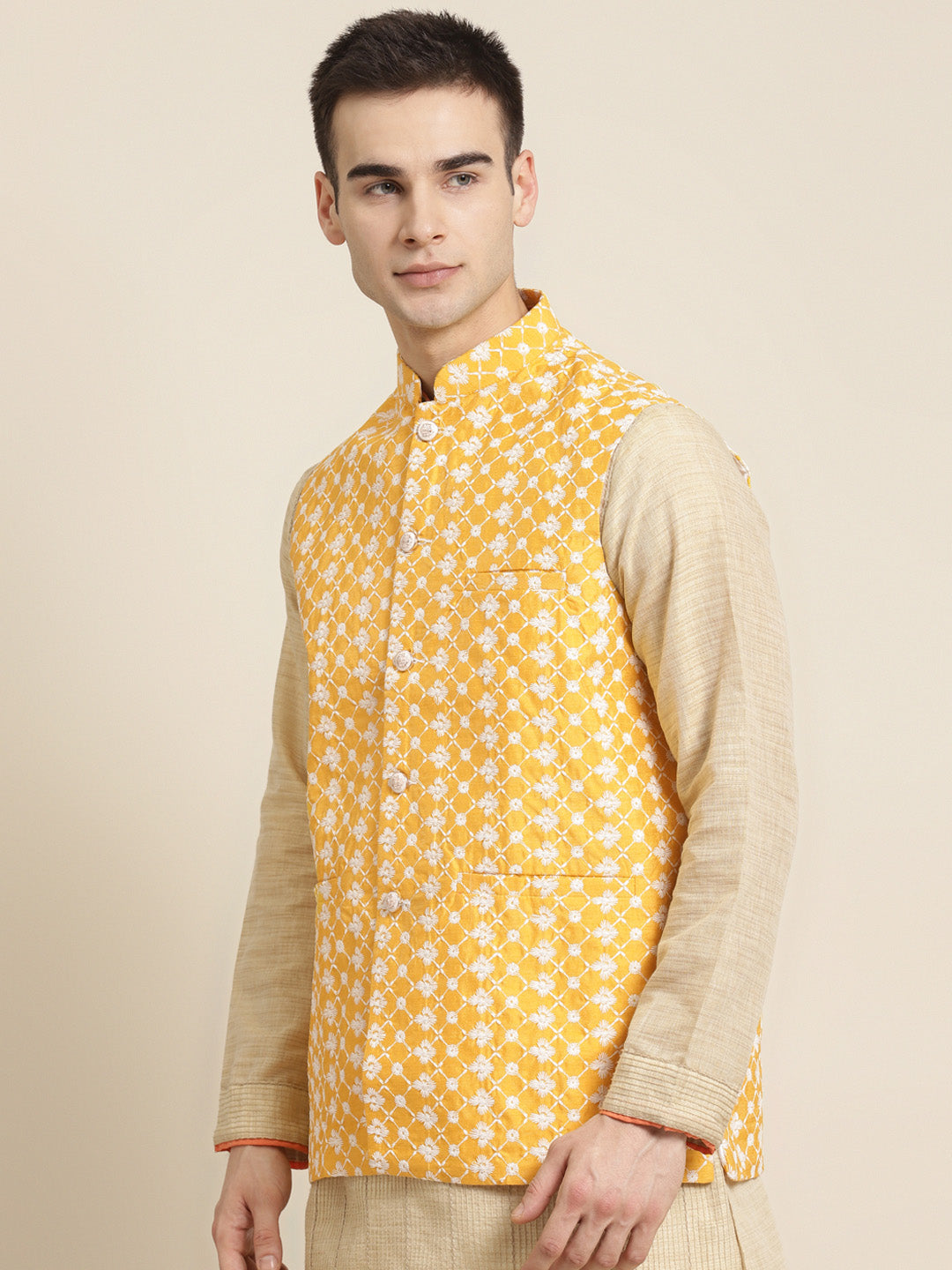 Men's Silk Blend Yellow Embroidered ONLY Nehrujacket