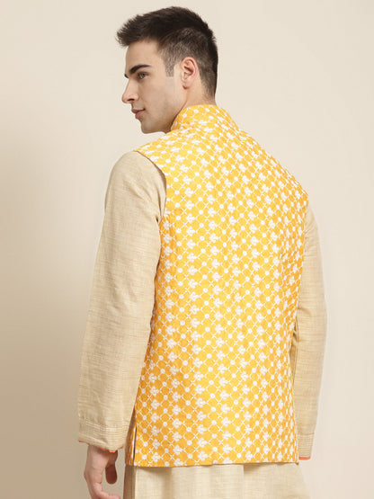 Men's Silk Blend Yellow Embroidered ONLY Nehrujacket