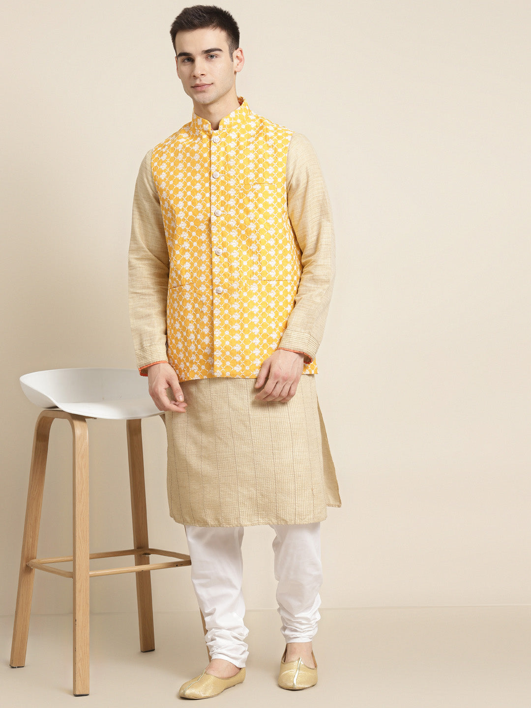 Men's Silk Blend Yellow Embroidered ONLY Nehrujacket