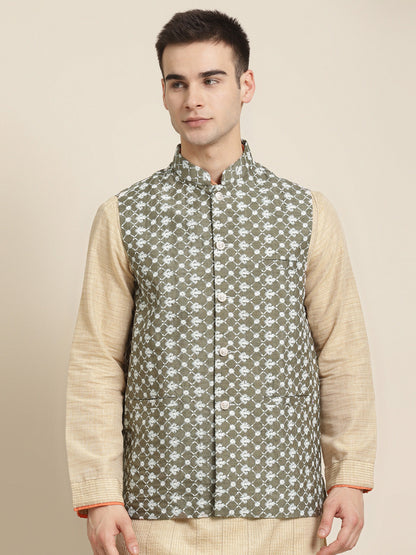 Men's Silk Blend Olive Embroidered ONLY Nehrujacket