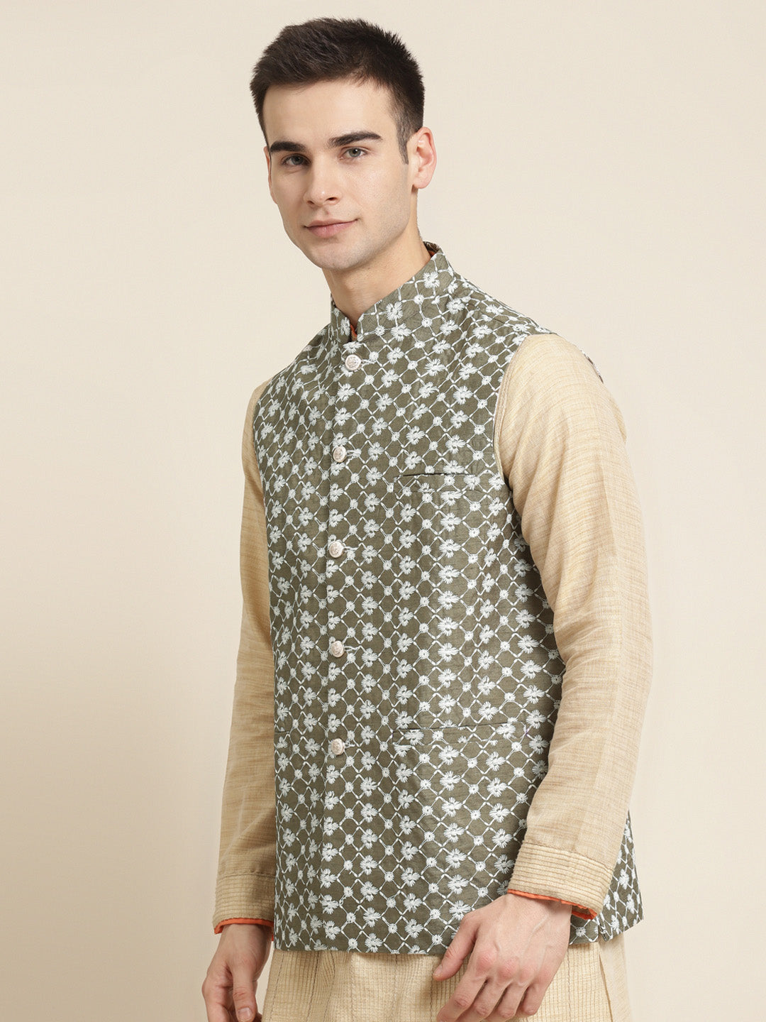 Men's Silk Blend Olive Embroidered ONLY Nehrujacket