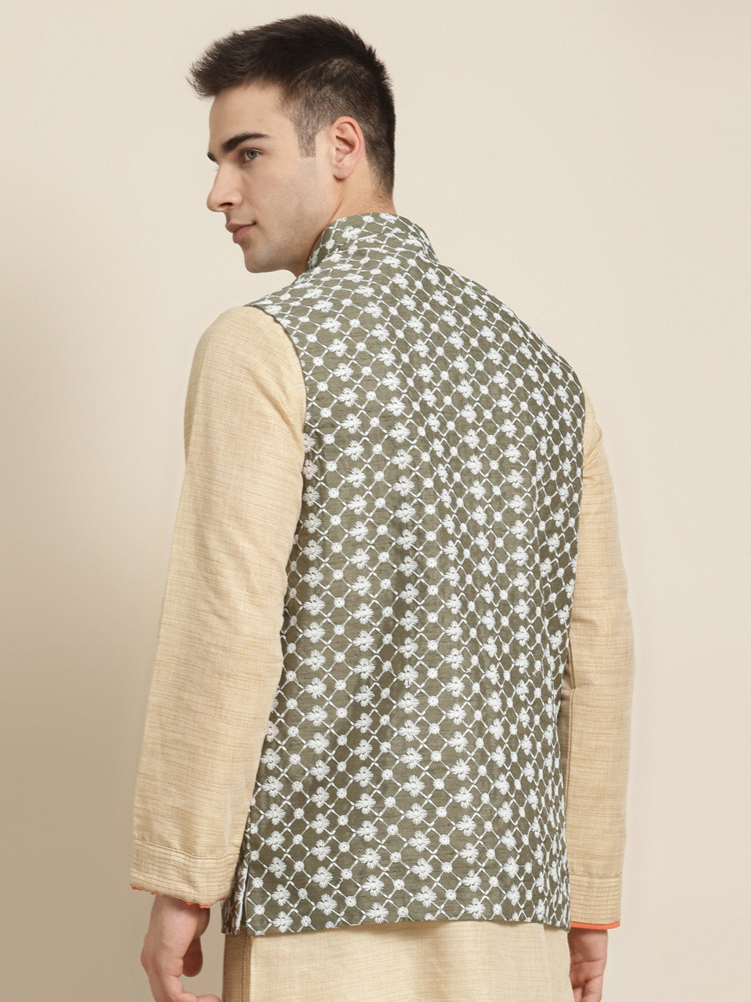 Men's Silk Blend Olive Embroidered ONLY Nehrujacket