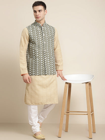 Men's Silk Blend Olive Embroidered ONLY Nehrujacket