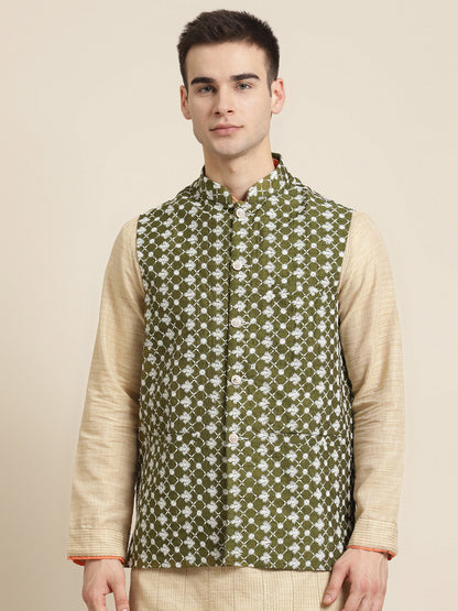 Men's Silk Blend Dark Green Embroidered ONLY Nehrujacket