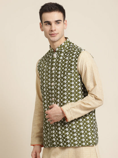 Men's Silk Blend Dark Green Embroidered ONLY Nehrujacket