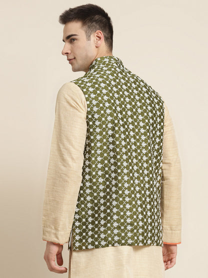 Men's Silk Blend Dark Green Embroidered ONLY Nehrujacket