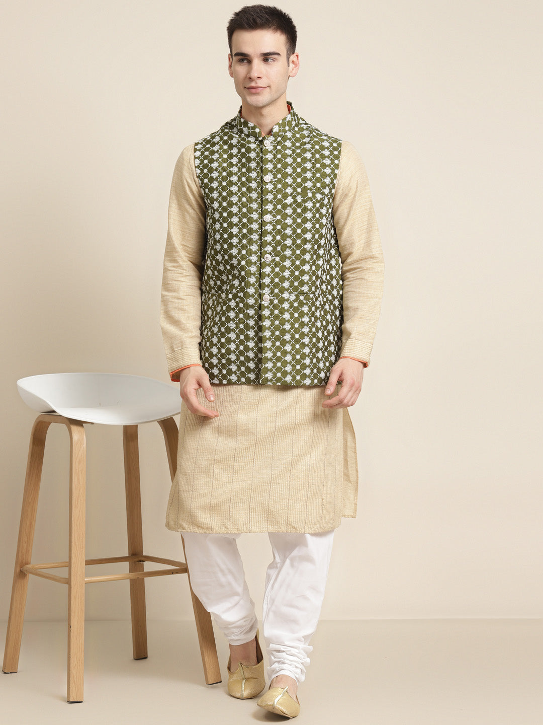 Men's Silk Blend Dark Green Embroidered ONLY Nehrujacket