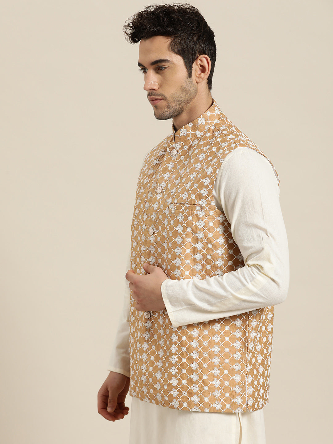 Men's Silk Blend Dark Gold Embroidered ONLY Nehrujacket