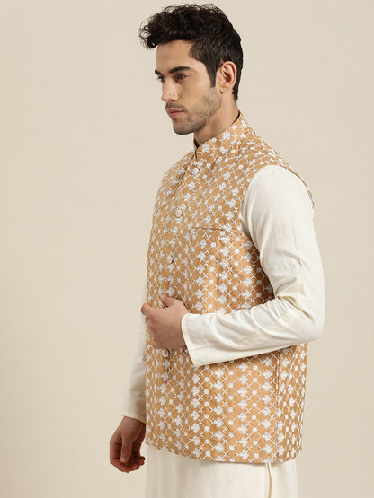 Men's Silk Blend Dark Gold Embroidered ONLY Nehrujacket