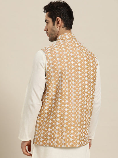 Men's Silk Blend Dark Gold Embroidered ONLY Nehrujacket