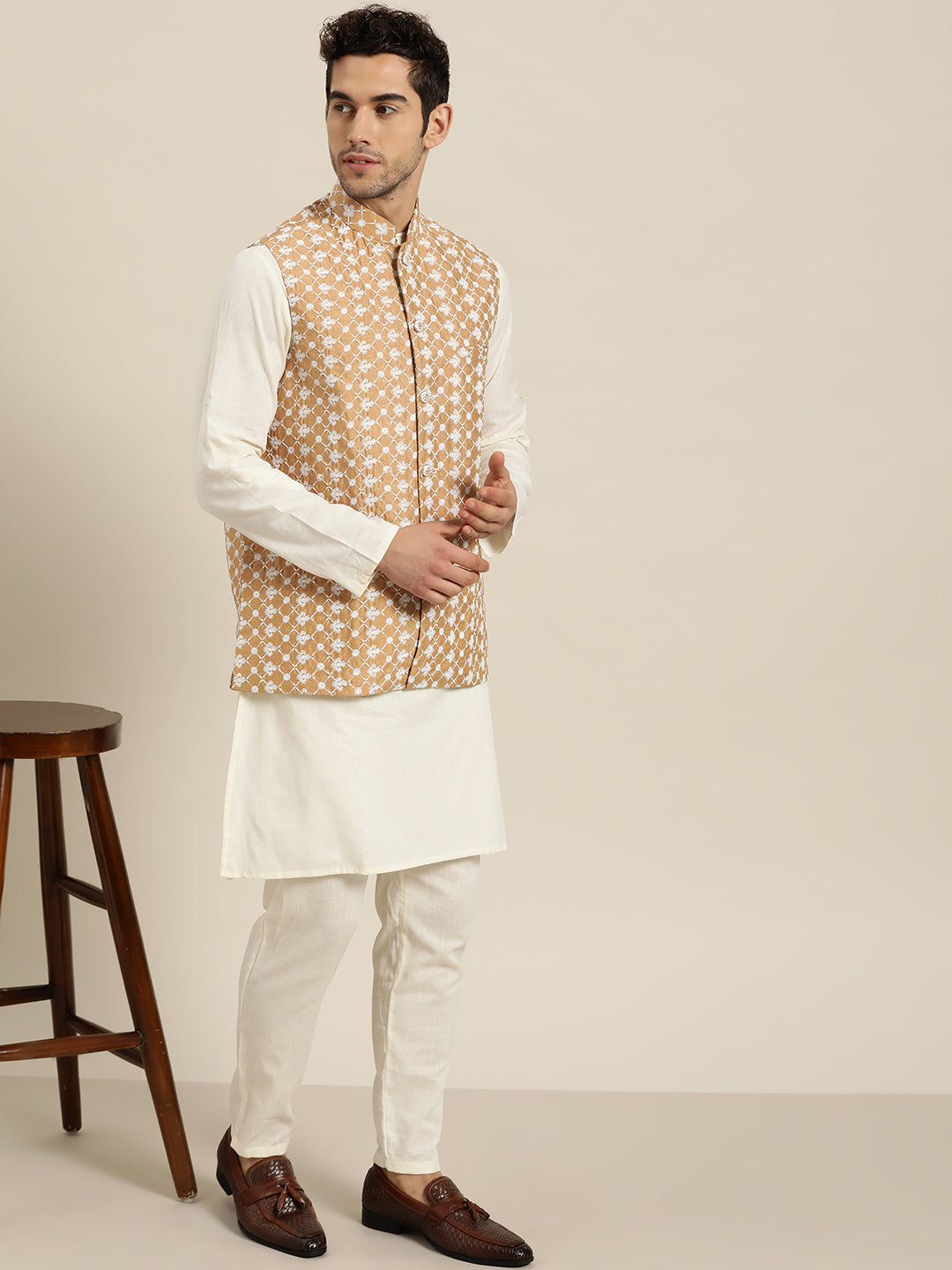 Men's Silk Blend Dark Gold Embroidered ONLY Nehrujacket