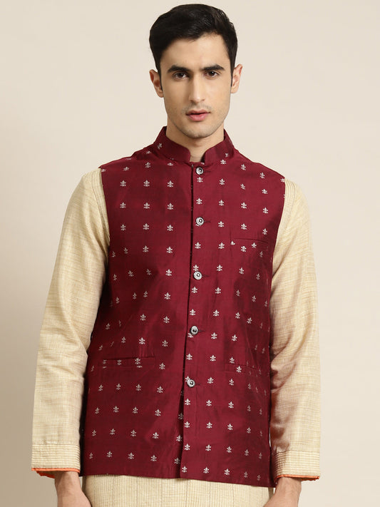 Men's Cotton Maroon Self Design Only Nehru Jacket