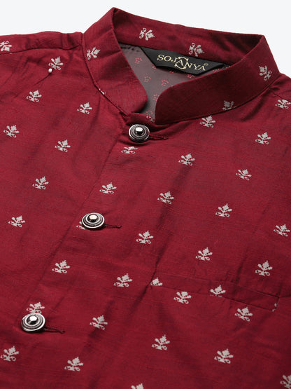 Men's Cotton Maroon Self Design Only Nehru Jacket