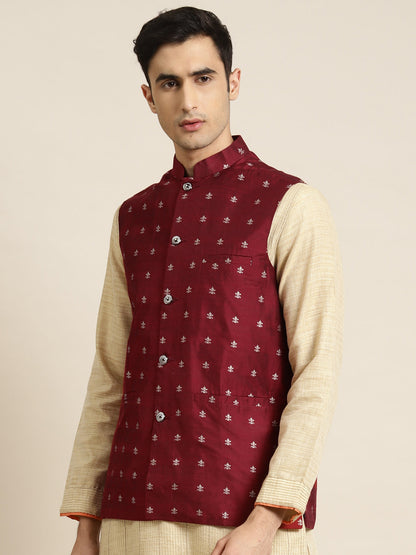 Men's Cotton Maroon Self Design Only Nehru Jacket