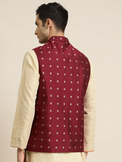 Men's Cotton Maroon Self Design Only Nehru Jacket