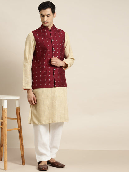 Men's Cotton Maroon Self Design Only Nehru Jacket