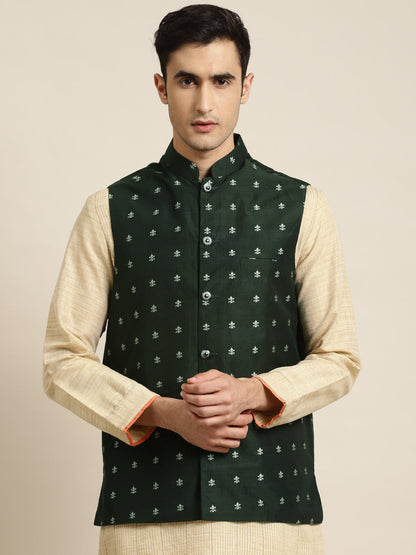 Men's Cotton Dark Green Self Design Only Nehru Jacket