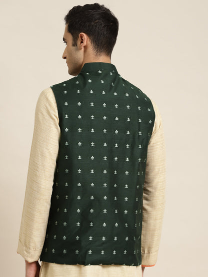 Men's Cotton Dark Green Self Design Only Nehru Jacket