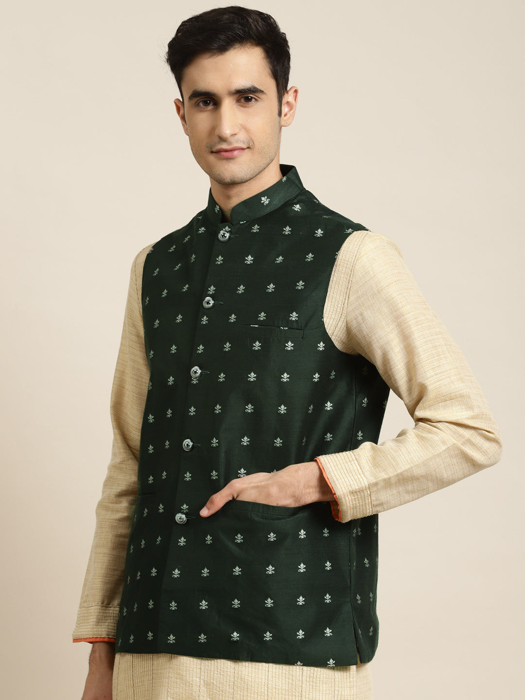 Men's Cotton Dark Green Self Design Only Nehru Jacket