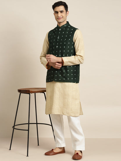 Men's Cotton Dark Green Self Design Only Nehru Jacket