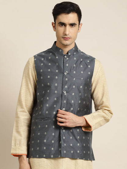 Men's Cotton Grey Self Design Only Nehru Jacket