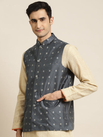 Men's Cotton Grey Self Design Only Nehru Jacket