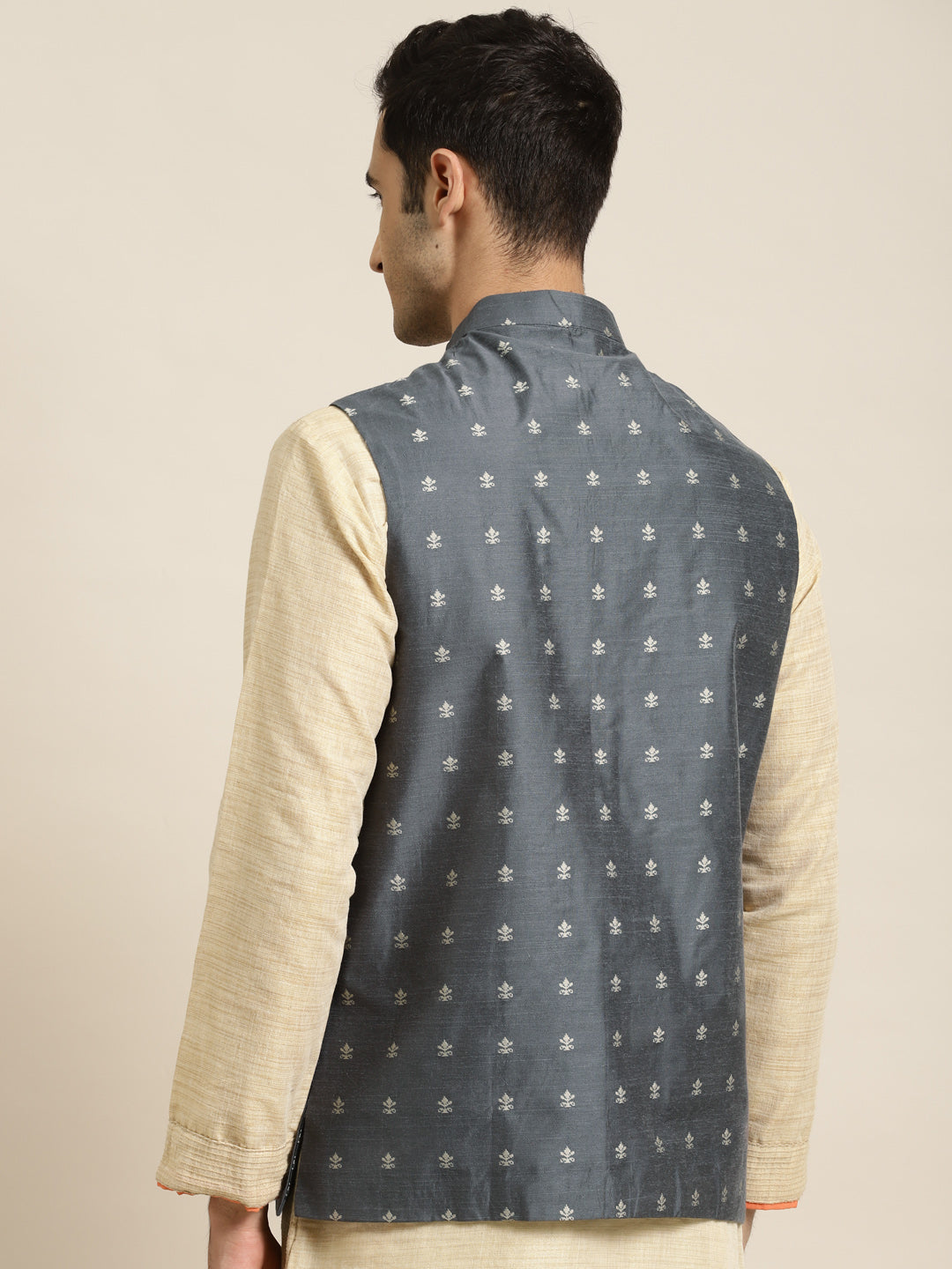 Men's Cotton Grey Self Design Only Nehru Jacket